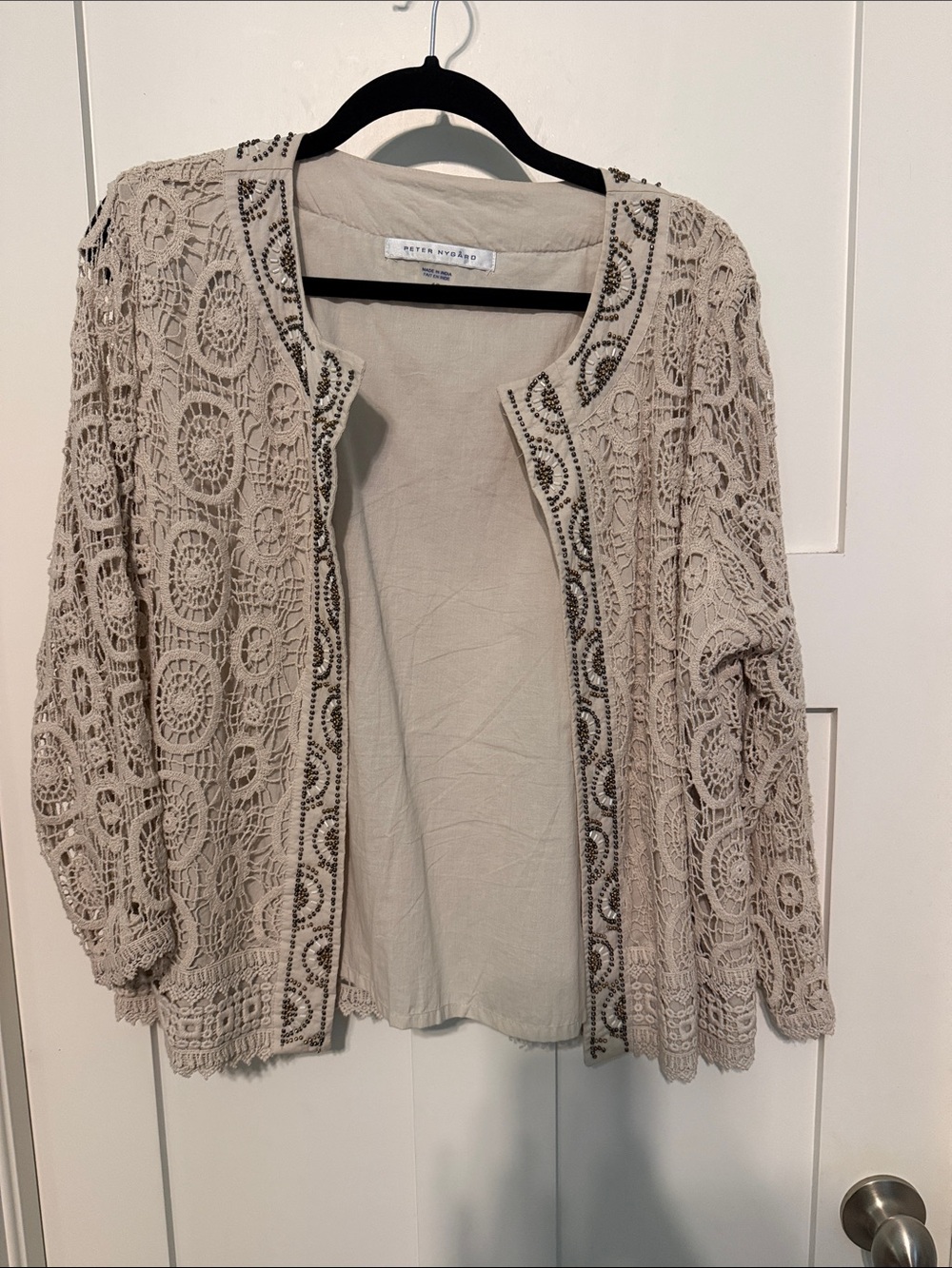 Peter Nygard Beige Crochet Knit Open-Front Beaded Cottagecore Bohemian Jacket